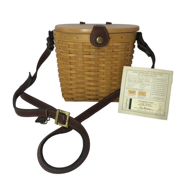 Longaberger Handbags - Vtg  LONGABERGER Basket Crossbody Bag Brown Leather Strap Wood Top Certificate